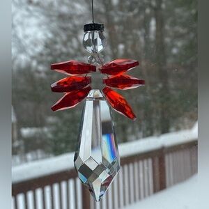 Crystal Angel Suncatcher / Window Hanging, Faceted Clear & Red, Silver Tone Halo